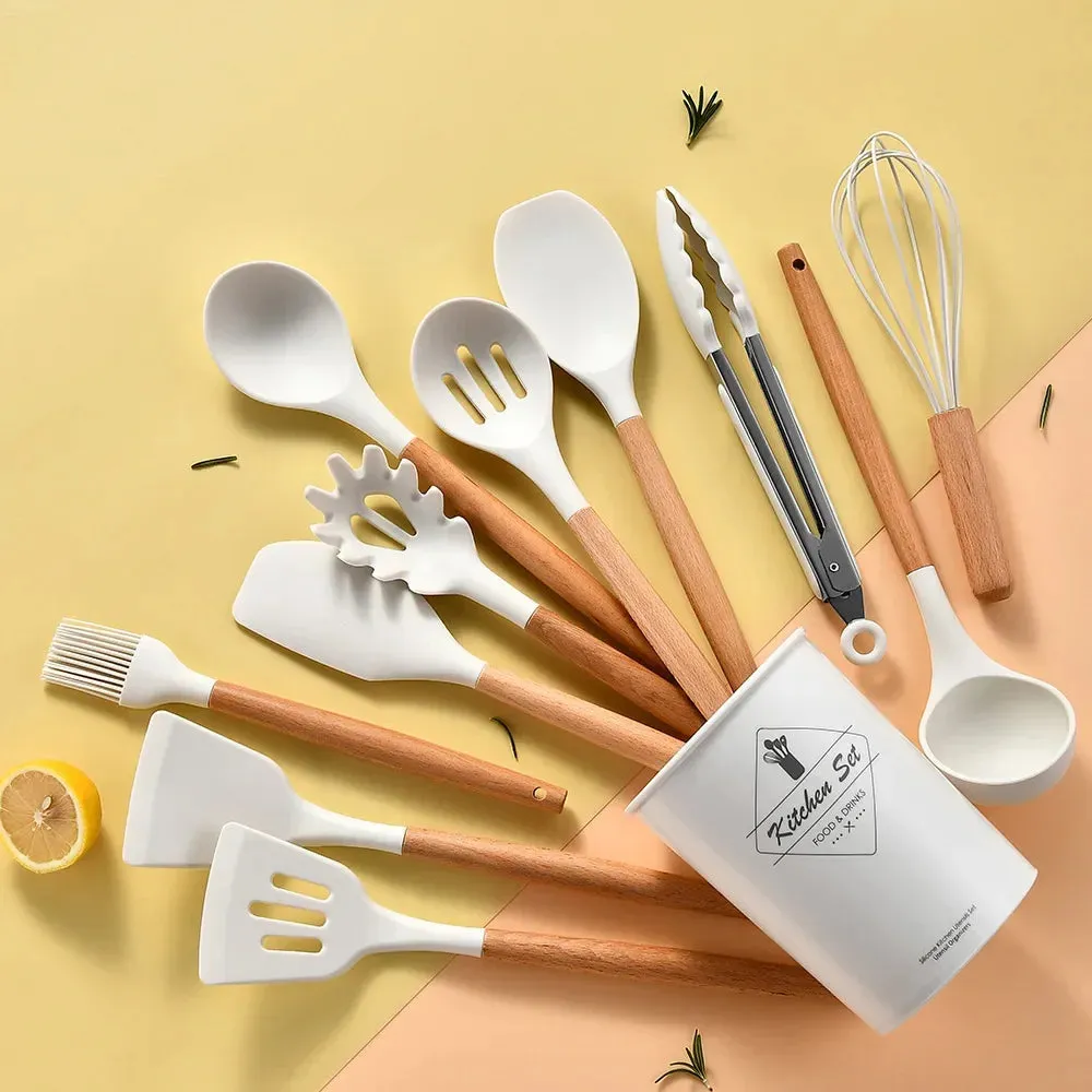 12 Piece Non Stick Silicone Utensil Set With Wooden Handles
