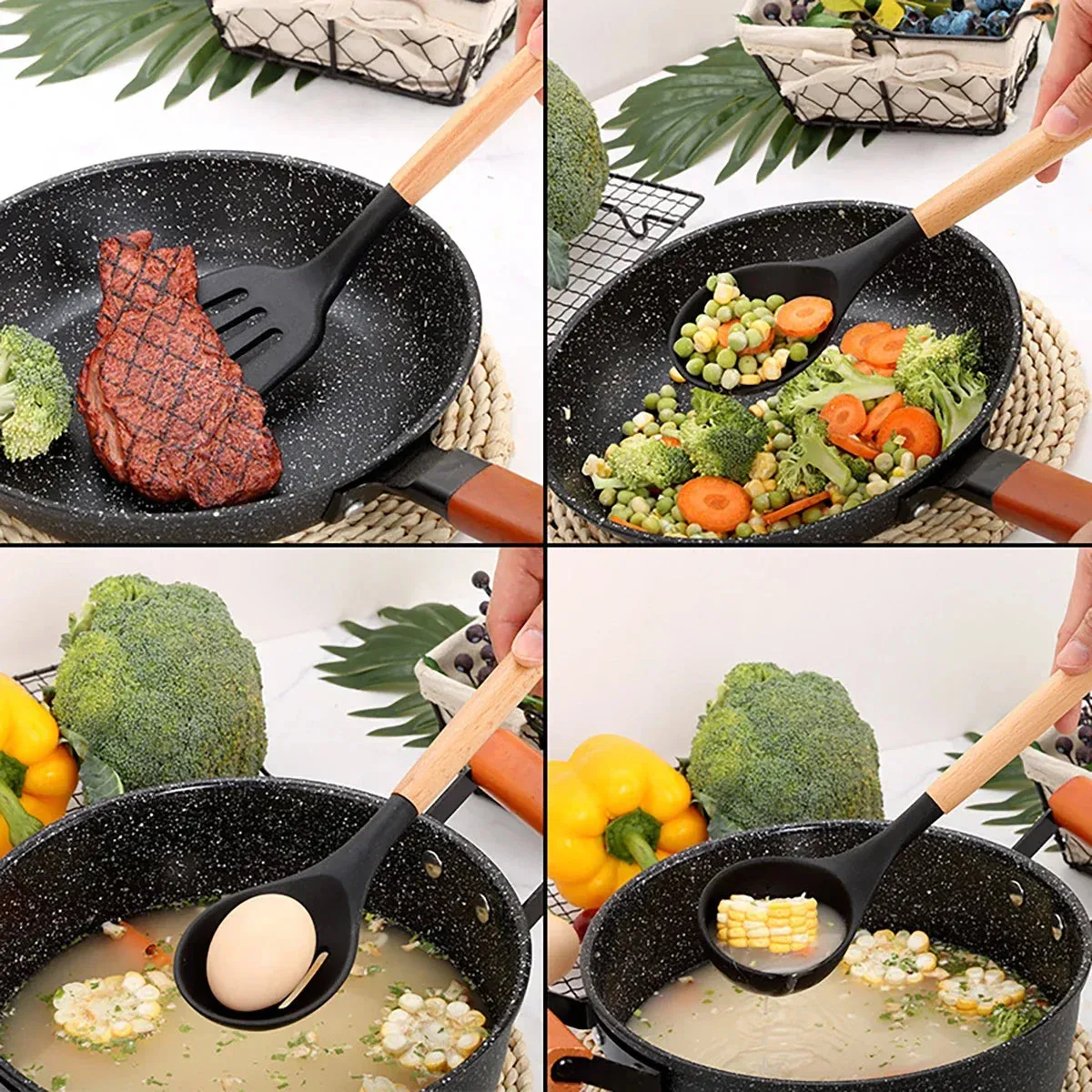 12 Piece Non Stick Silicone Utensil Set With Wooden Handles