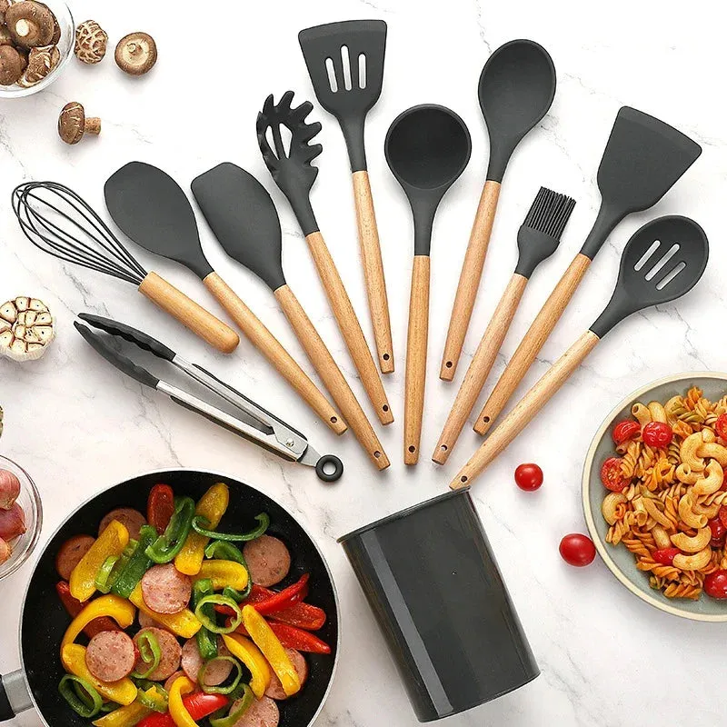 12 Piece Non Stick Silicone Utensil Set With Wooden Handles