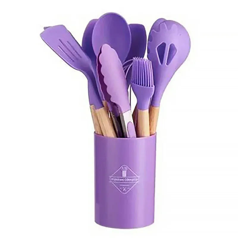 12 Piece Non Stick Silicone Utensil Set With Wooden Handles