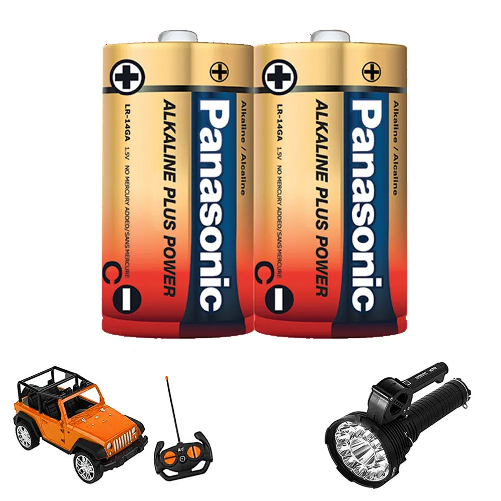 2 Pack Panasonic C-Size Plus Power Alkaline Batteries 1.5V Home Office Battery
