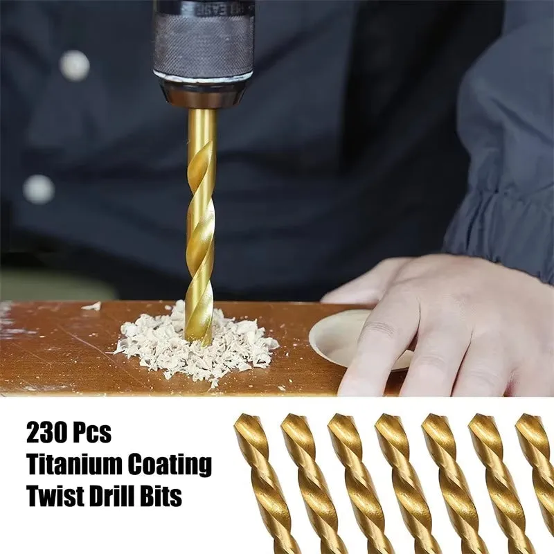 230PCS Titanium Coated Twist Drill Bit Set with Case 135Tip Metric Drill Bits Size from 1.0-10Mm for Woodworking Plastic Hole