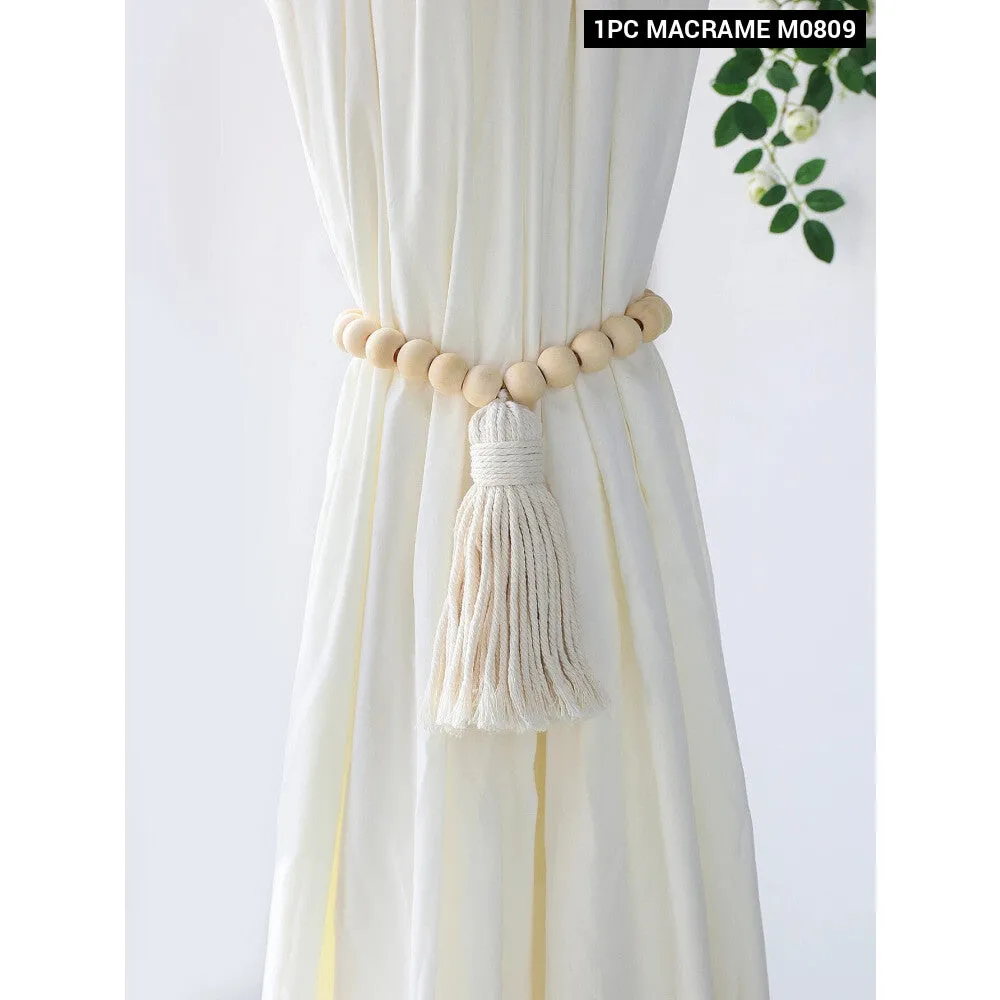 Boho Macrame Curtain Tiebacks with Wooden Beads