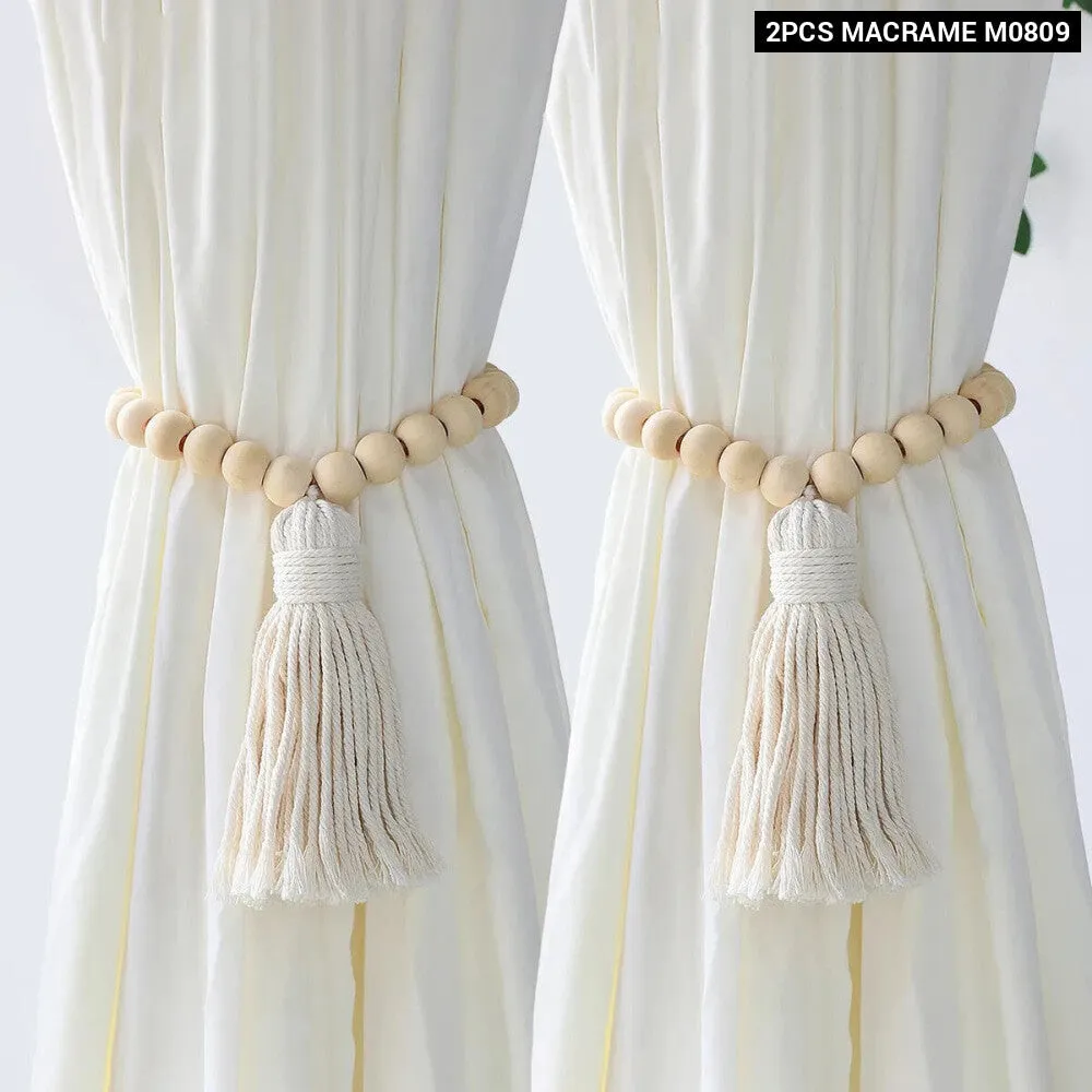 Boho Macrame Curtain Tiebacks with Wooden Beads