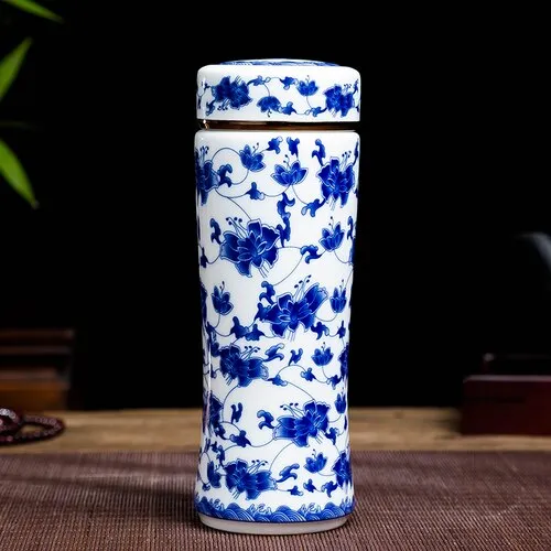 Jingdezhen ceramic teacup thermos mug with lid blue and white porcelain water cup liner office cup portable teacup Gift cup