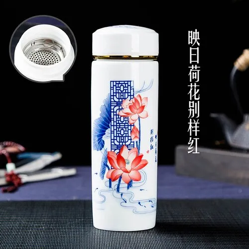 Jingdezhen ceramic teacup thermos mug with lid blue and white porcelain water cup liner office cup portable teacup Gift cup