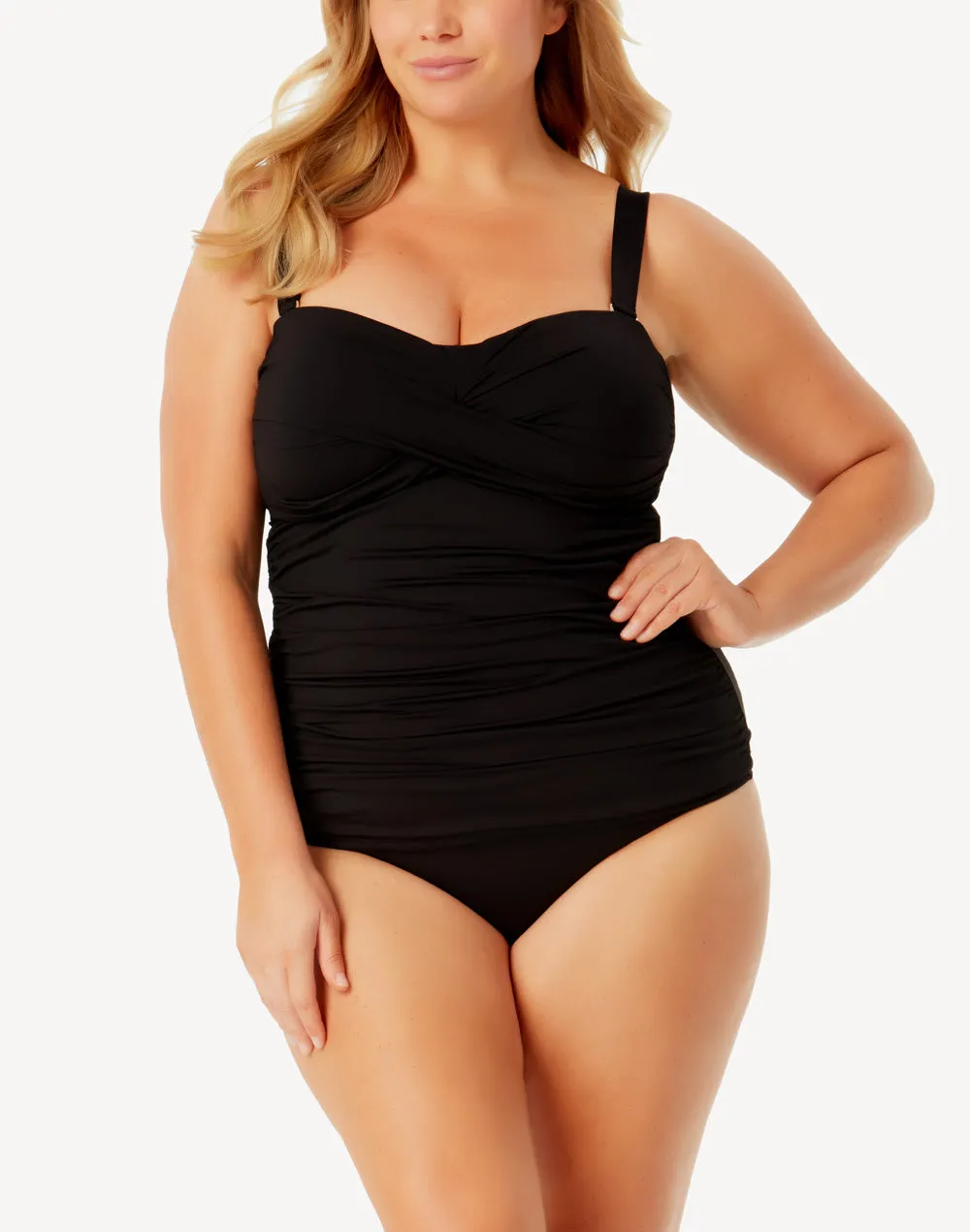 Live In Colour Twist Front Plus Size Shirred Bandeau Tankini Top