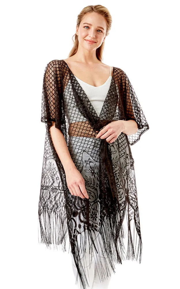 LOF1263 Hearts & Tiles Crochet Lace Cover Up w/Fringes