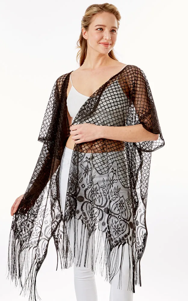 LOF1263 Hearts & Tiles Crochet Lace Cover Up w/Fringes
