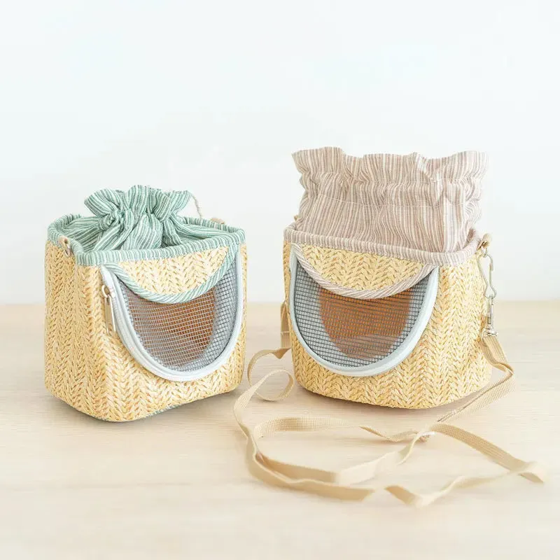Portable Straw-Woven Parrot Backpack Cage
