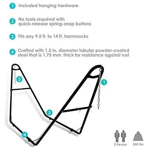 Sunnydaze 550-Pound Capacity Universal Multi-Use Heavy-Duty Steel Hammock Stand, 2 Person, Fits Hammocks 9 to 14 Feet Long, Black